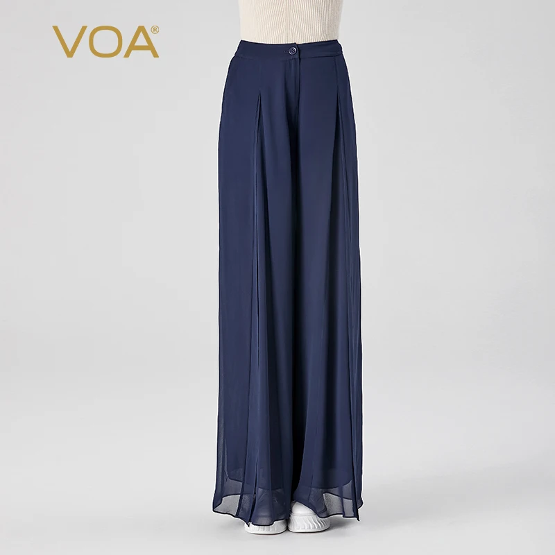 

VOA Silk Georgette Navy Blue Office Natural Waist Loose Leaf Decorative Pants Women Double Layer Silk Straight Trousers KE911