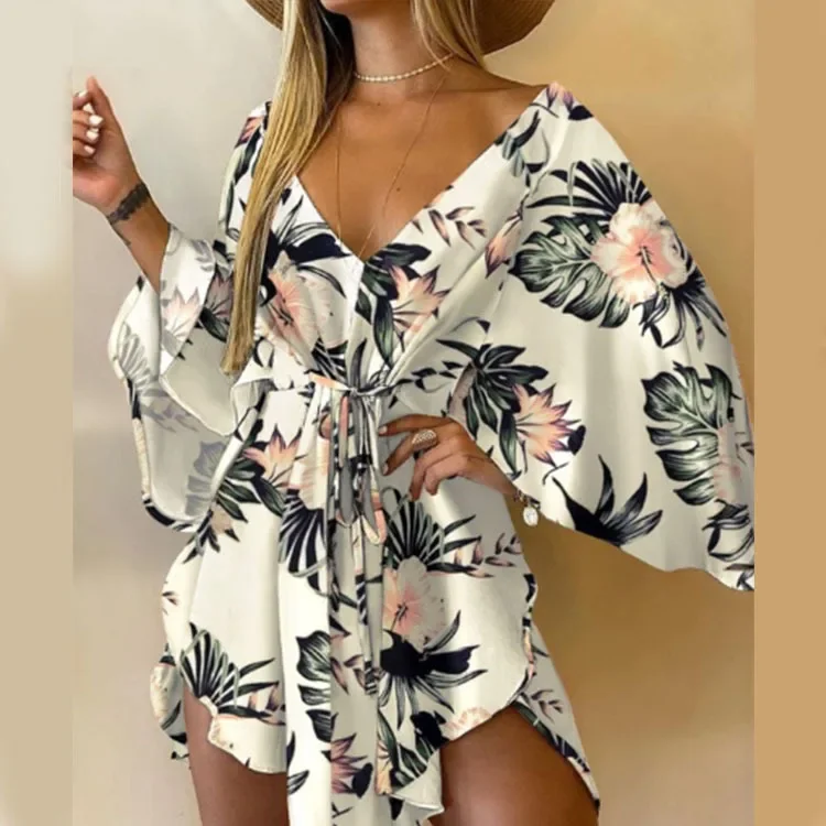 Elegant Women V Neck Printed Short Dress Batwing Sleeve Drawstring Waist Holiday Dress