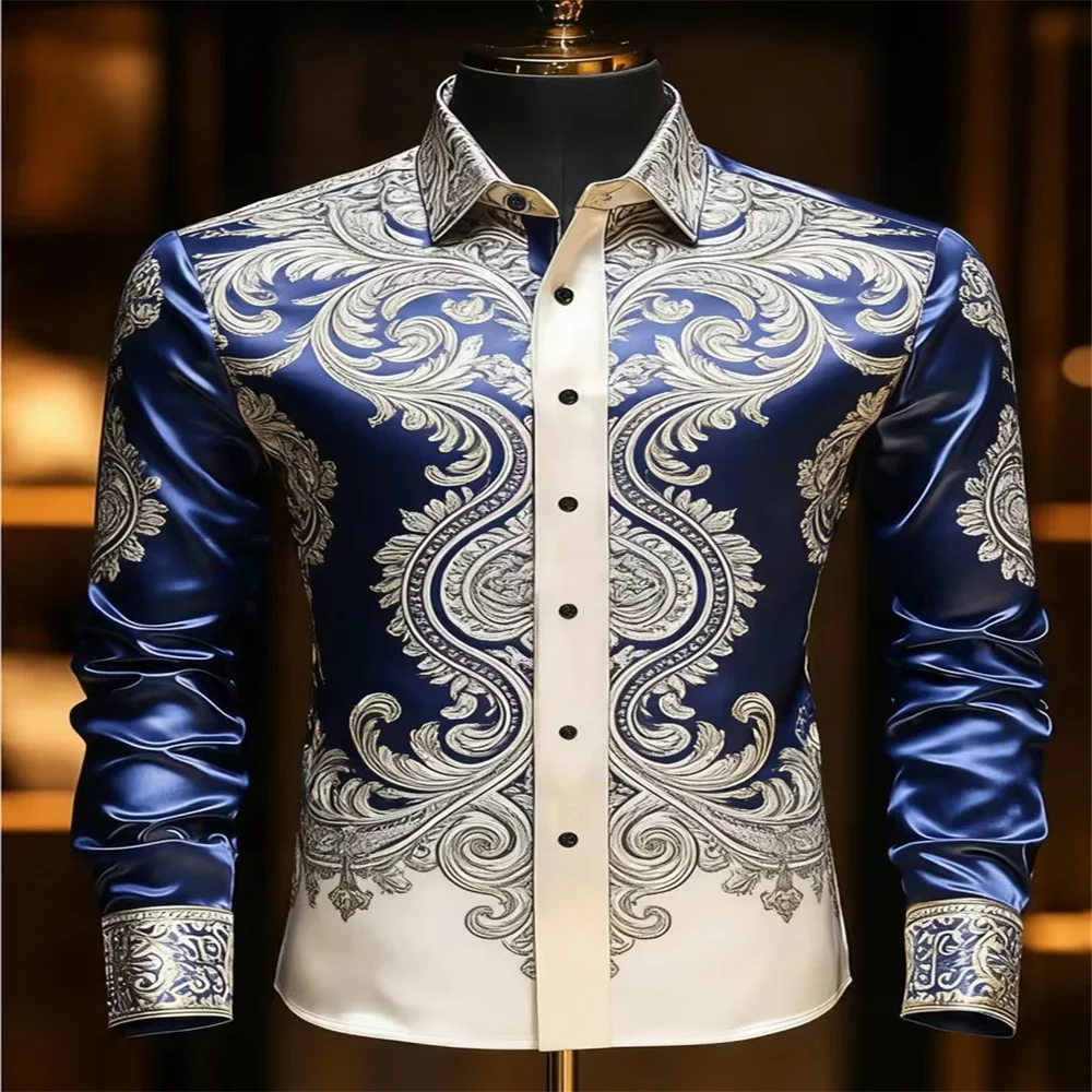 Men's Long Sleeve Collar Shirt, Fashionable Printed Shirt, Social Party, Soft Fabric, Comfortable, Luxury, High Quality, New