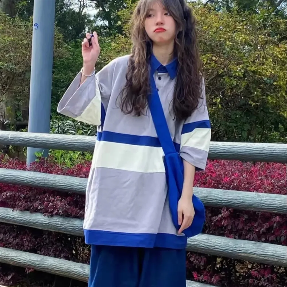 

Свободная летняя Корейская Винтажная футболка в стиле Харадзюку Y2k, женская уличная одежда в стиле пэчворк, шикарная Повседневная мешковатая блузка с коротким рукавом