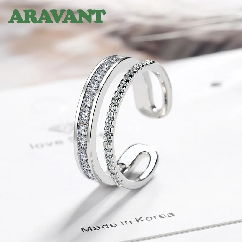 ARAVANT 925 Silver Double Layer Pave Zircon Open Ring For Women Fashion Jewelry