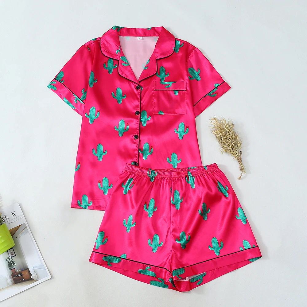 

2Pcs Summer Women's Sleepwear Suit Short Sleeve Lapel Top And Loose Shorts Pajama Casual Loose Plant Printing Loungewear