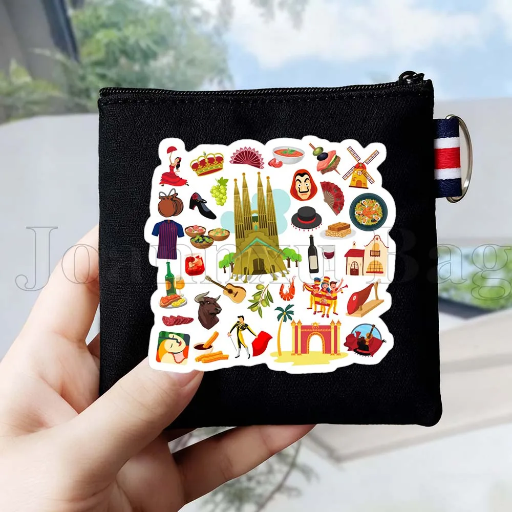 Spain Brazil Canada France Greece Sweden Italy Mexico Russia USA Japan Travel Icons Canvas Coin Purse Key Card Bag Wallet Black