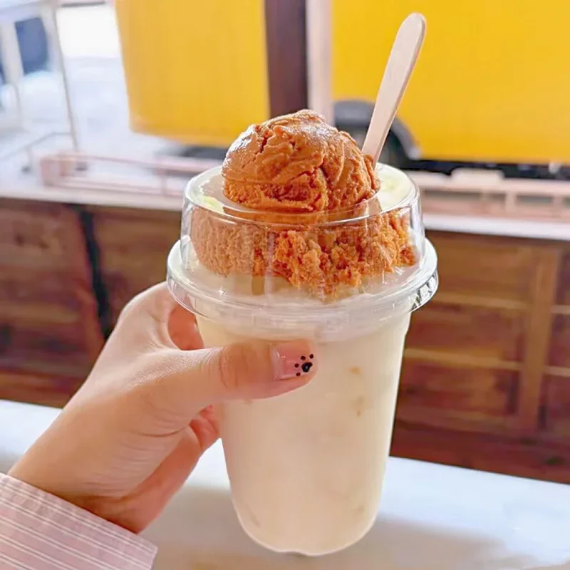 50pcs Transparent Milk Tea Cups with Lids Disposable Plastic Cups Fruit Juice Coffee Sand Ice Cream Beverage Containers