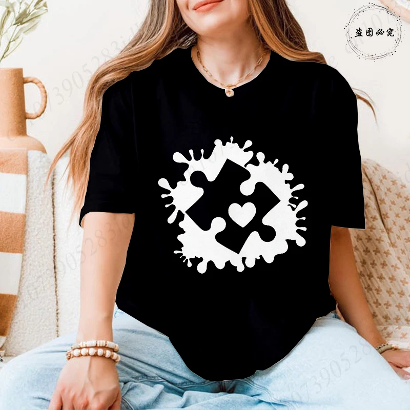 Women's Autism Awareness T-shirts Puzzle Graphic O Neck Short Sleeve 2026 Casual Fashion Daily Wear Autism Advocacy Support Tees