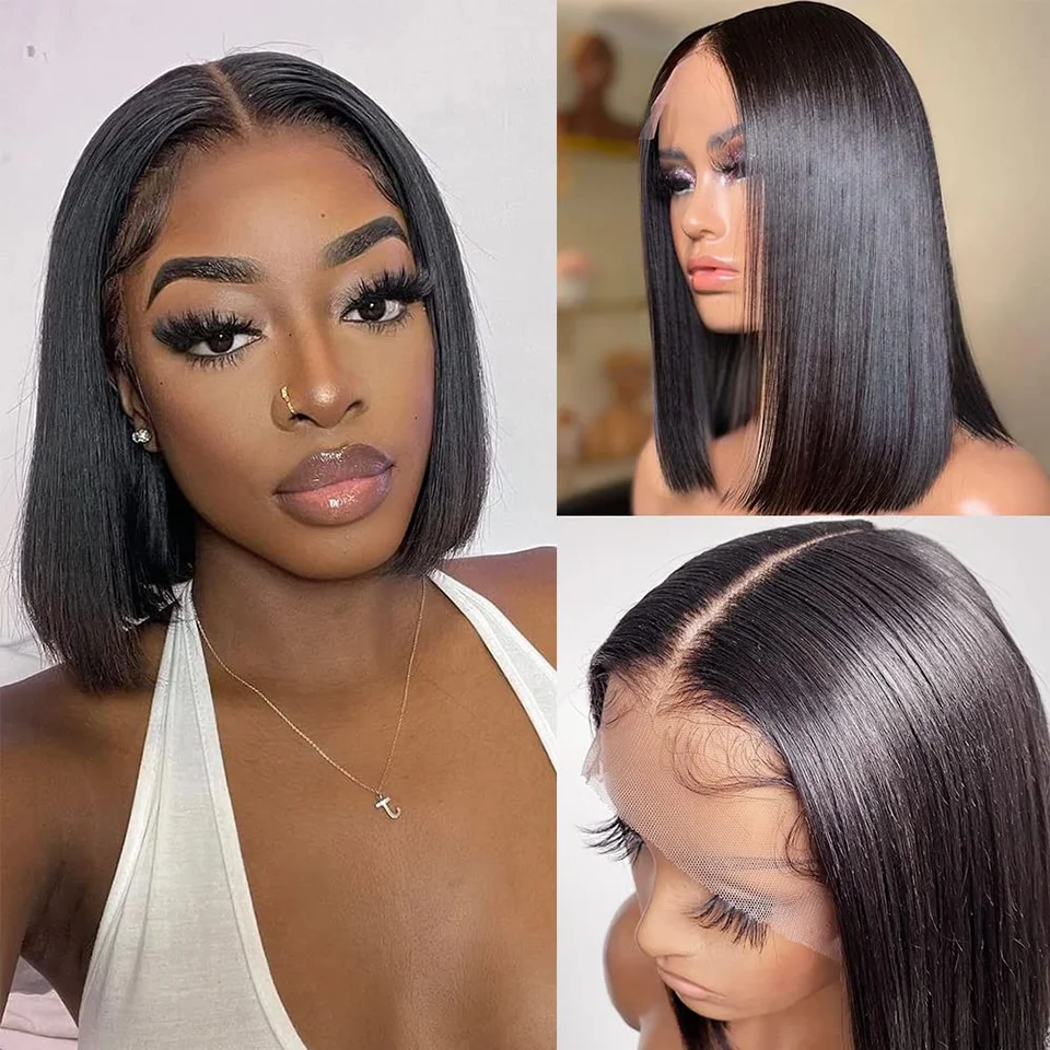 Bob wig lace front wig natural brasileiro liso, cabelo curto, pré-arrancado, com cabelo de bebê, 13x4, para mulheres negras