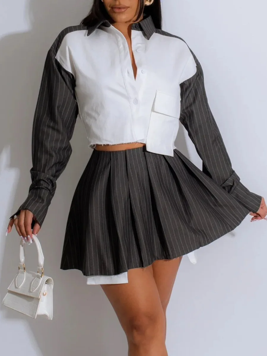 

LW Women Striped Raw Edge Decor Skirt Set Patchwork Matching Suits Long Sleeve Button Up Crop Top & Pleated Skirt 2pcs