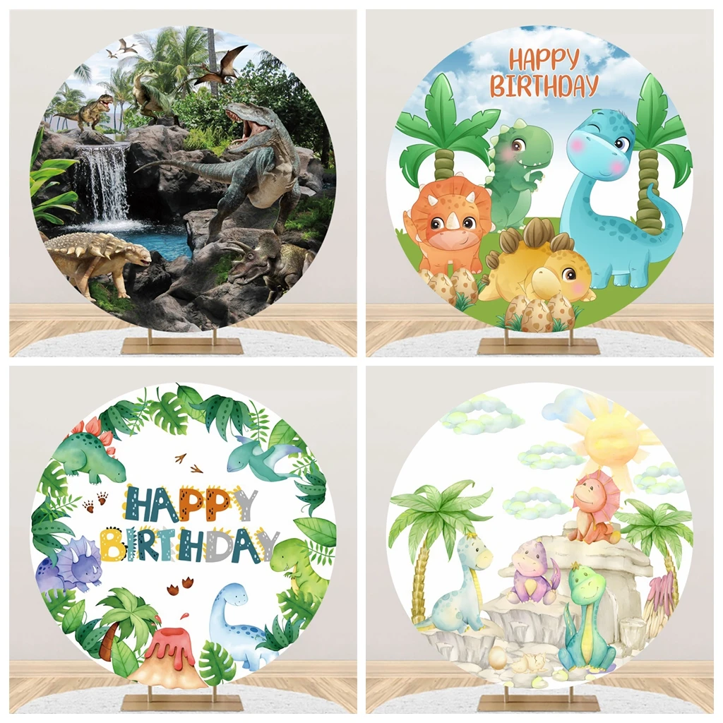 Dinosaur Theme Party Round Photo Backdrop Children Birthday Tropical Jungle Plant Portrait Custom Circle Photography Backgrounds