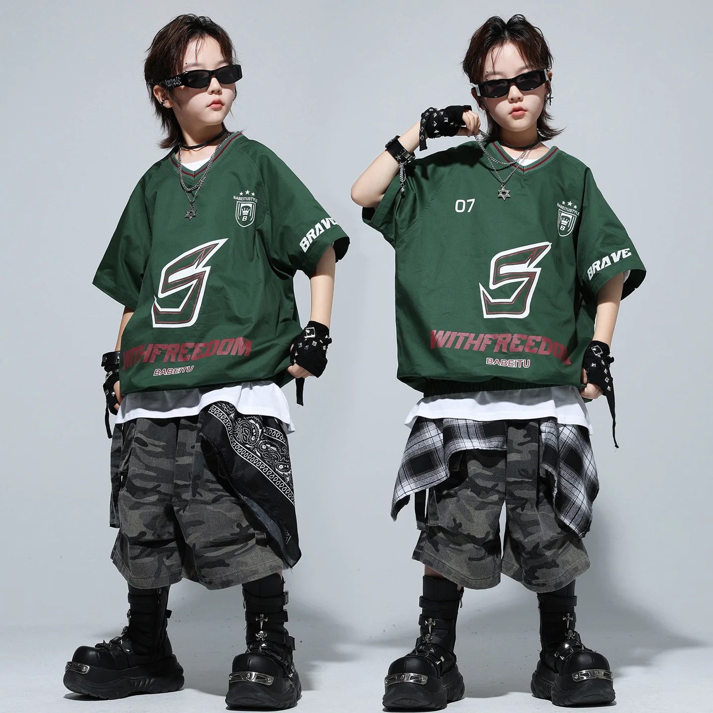 Enfant Kpop Hip Hop vêtements vert col en V t-shirt camouflage sangle décontractée Cargo Shorts pantalons moyens pour fille garçon danse Costumes vêtements