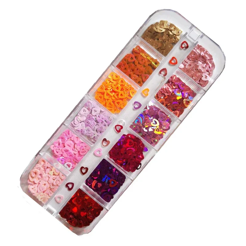 Boîte à paillettes Laser 3D pour décoration des ongles, 12 grilles/boîte, cœur d'amour, papillon, couleur mixte, paillettes scintillantes, accessoires de Nail Art