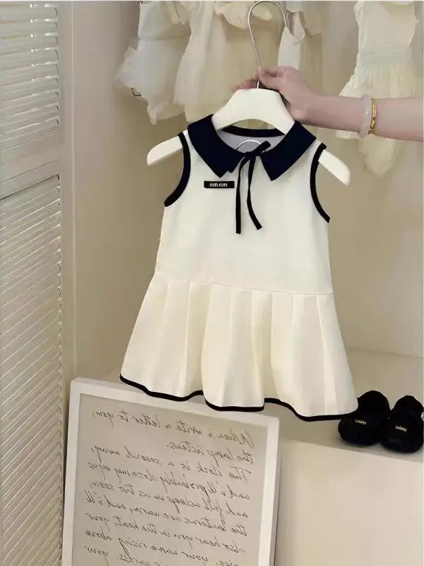 Vestido de verão para meninas, saia fina sem mangas, roupa infantil, material de algodão, estilo moderno e elegante