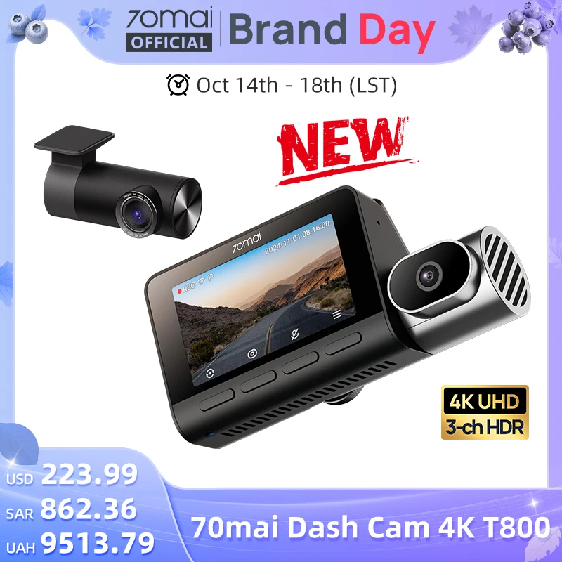 

70mai 4K Dash Cam T800 3-Channel HDR Supercapacitor WiFi 6 Voice Control 4G Compatible 70mai Car DVR T800