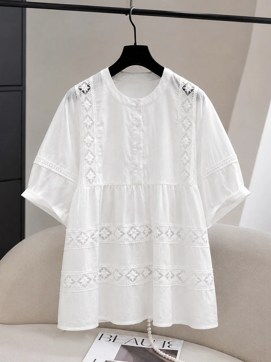 

Elegant Loose White Doll Shirt Women's Fashion round Neck plus Size Versatile Small Shirt Casual Comfortable Breathable