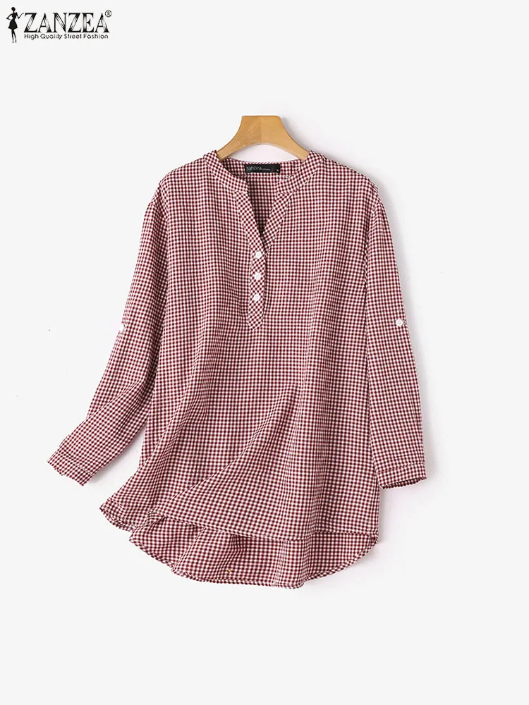 ZANZEA holgada-Blusa de manga larga a cuadros para mujer, camisa Vintage a la moda para vacaciones, Túnica informal para fiesta, Primavera