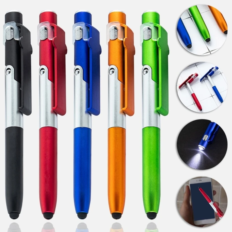 5Pcs Multifunctional Ballpoint Pen with Stylus Tip, Led Light, Foldable Phone Stand, 4-IN-1 Stylus Pen Business Gift Pen