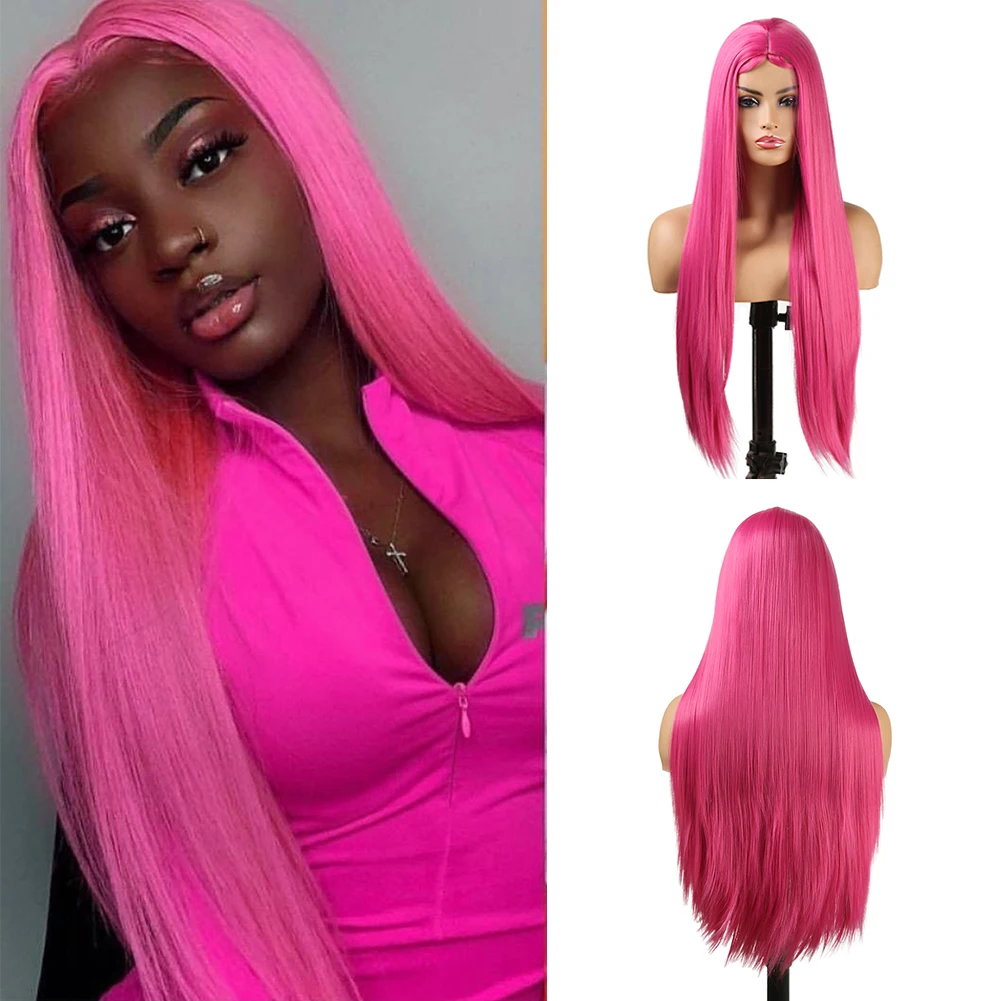 AIMEYA Synthetic No Lace Wig Pink Wig Baby Hair Middle Part Long Straight Hair Heat Resistant Fiber Hair Cosplay Wigs for Women