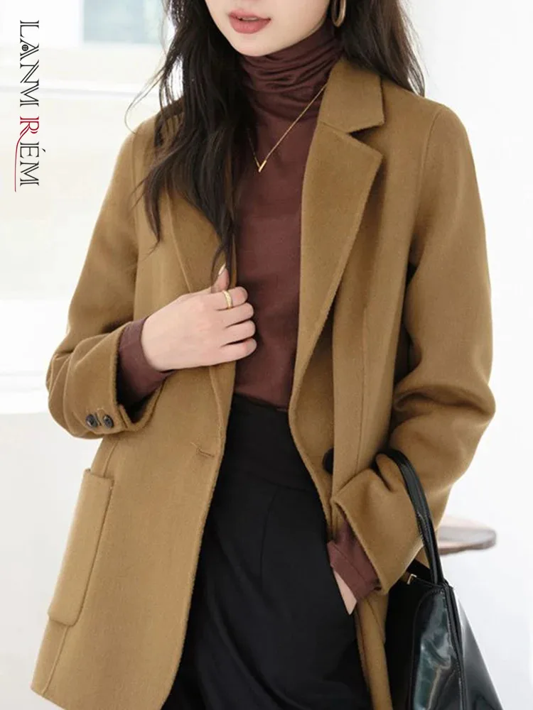 

LANMREM Fashion Double Sided Woolen Coat Notched Solid Color Single Button Back Split Elegant Coats 2024 Autumn New 2Z2798