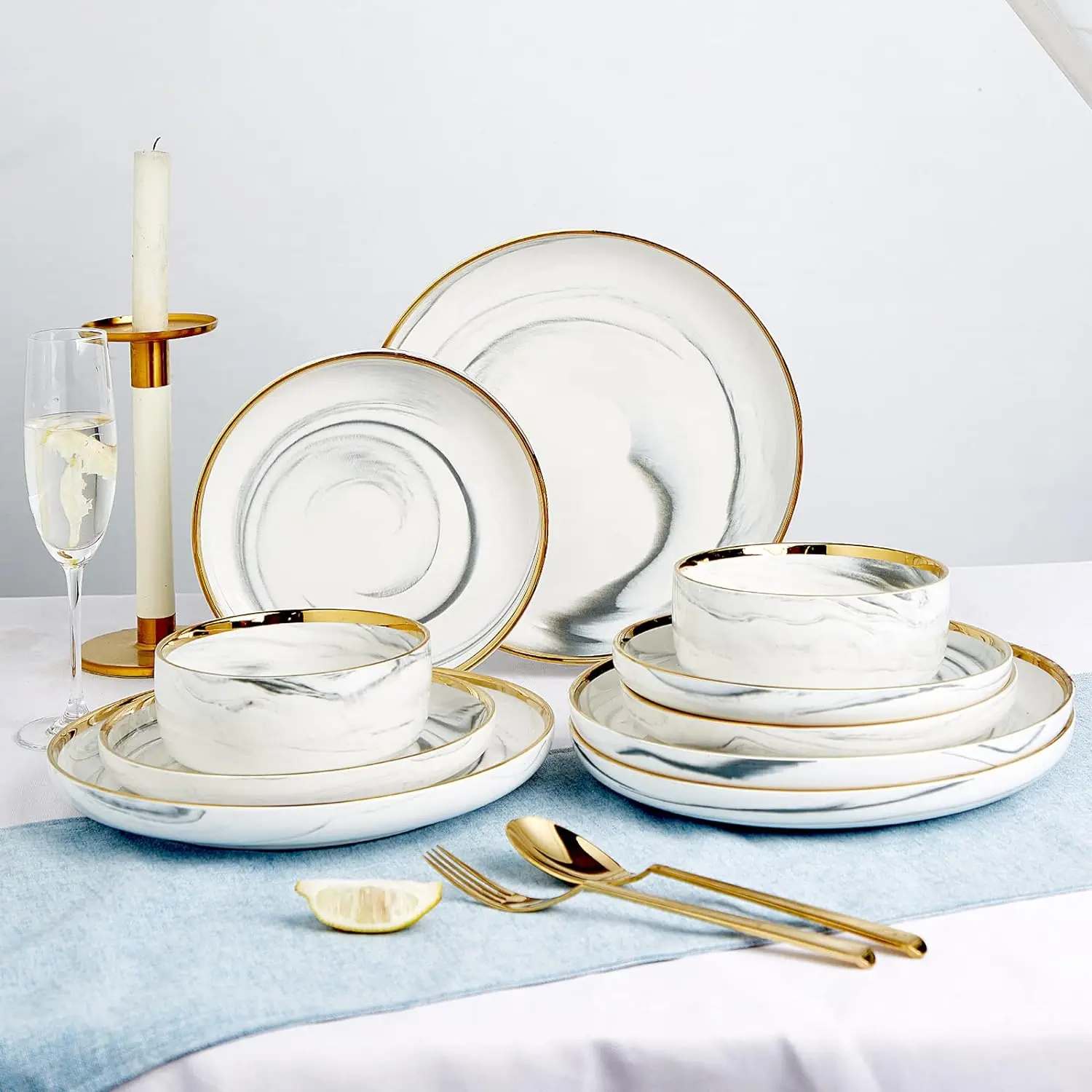 Marble Gold Line Plates and Bowls Sets Stoneware Dishes Set For 4, 12 Piece White Grey Marble Porcelain Round Dinner Dish Sets