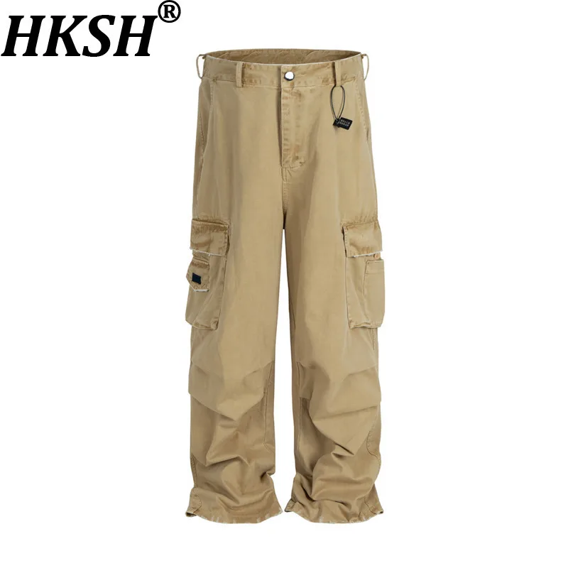 

HKSH весна осень новые мужские винтажные потертые брюки-карго свободные прямые универсальные широкие брюки повседневные с несколькими карманами HK13487