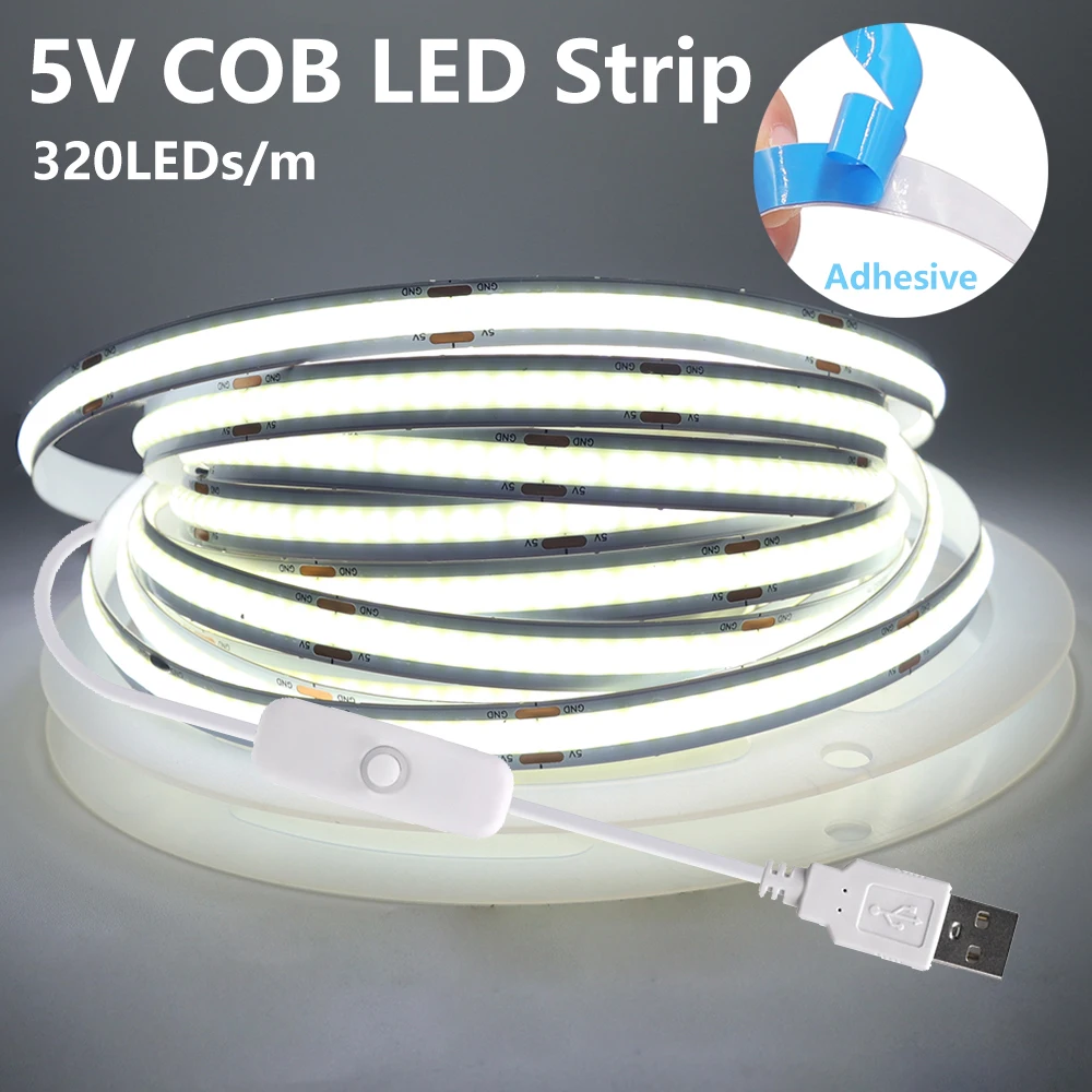 5V COB LED Strip Lights Self-adhesive USB Flexible LED Tape with Switch 320LEDs/m High Density Linear Lighting for Room Decor