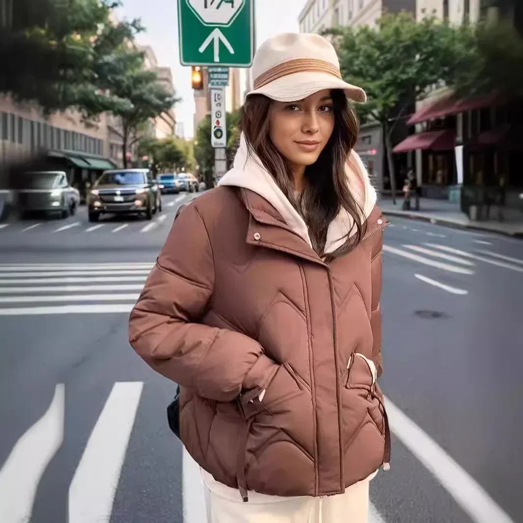 2025 New Winter Women's Short Jacket Female Contrast Fake Two Pieces Parkas Coats Women's Thicken Warm Cotton Jacket Tops