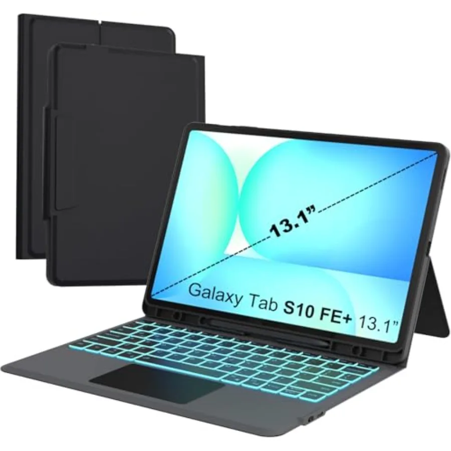 

Keyboard Case for Galaxy Tab S10 FE+ 13.1 inch Folio Combo with Backlit Smart Touchpad 7 Colors Black PU Leather Tablet Book Co