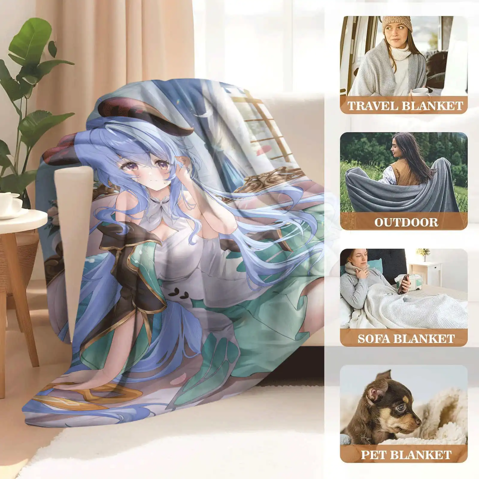 Game Genshin Impact Ganyu Flannel Blanket Warmth Soft Air Conditioning Otaku Blanket Multifunctional