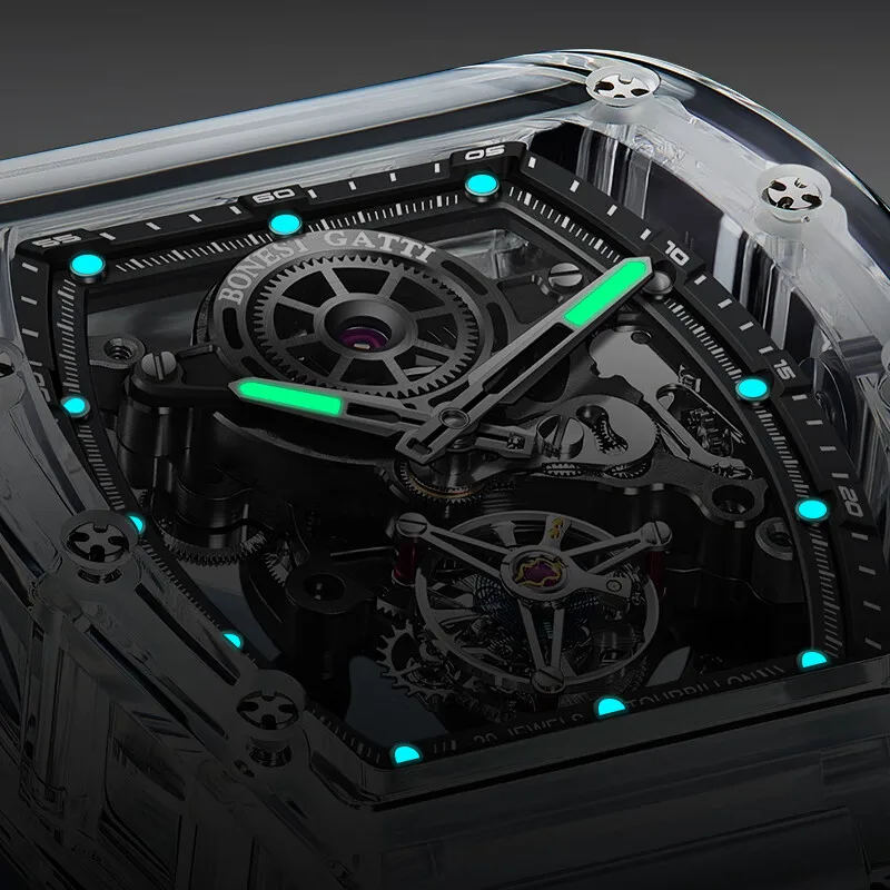 BONEST GATTI Men Automatic Watch 45mm Tourbillon Tonneau Mechanical Wristwatch Acrylic Case Skeleton Dial Luminous