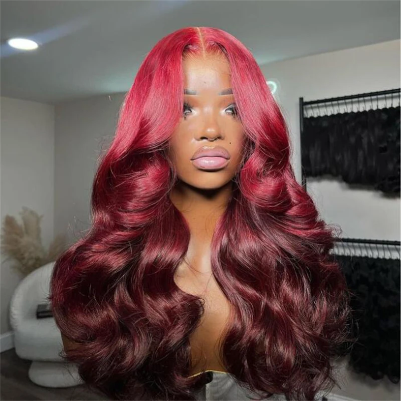 Soft Ombre Burgundy 26”Long 180Density Preplucked Glueless Natural Wave Lace Front Wig For Black Women With BabyHair Daily Wear