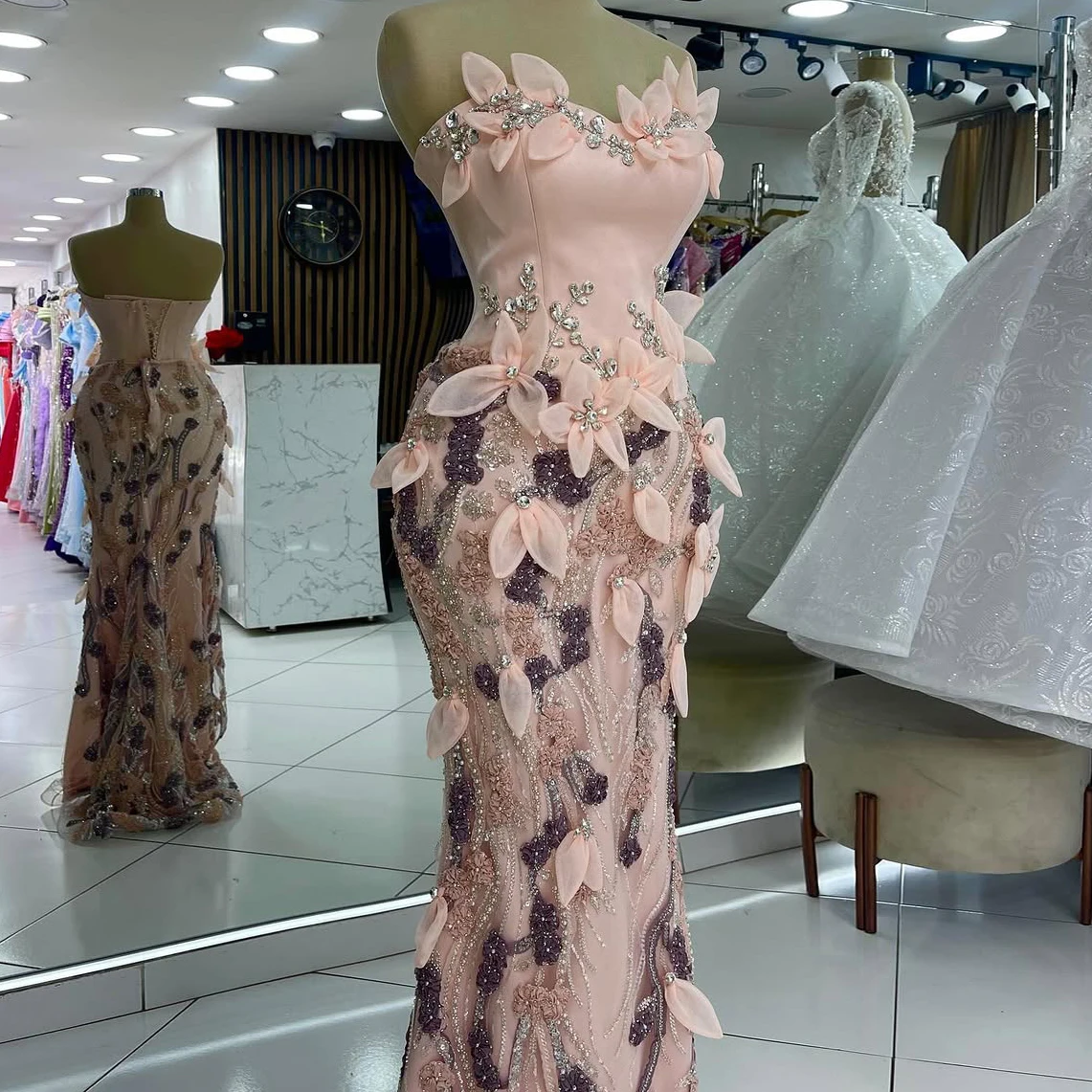 

Вечернее платье без бретелек с аппликацией, розовое платье русалки с цветком, изысканное платье с вышивкой кристаллами, свадебное платье, настраиваемое