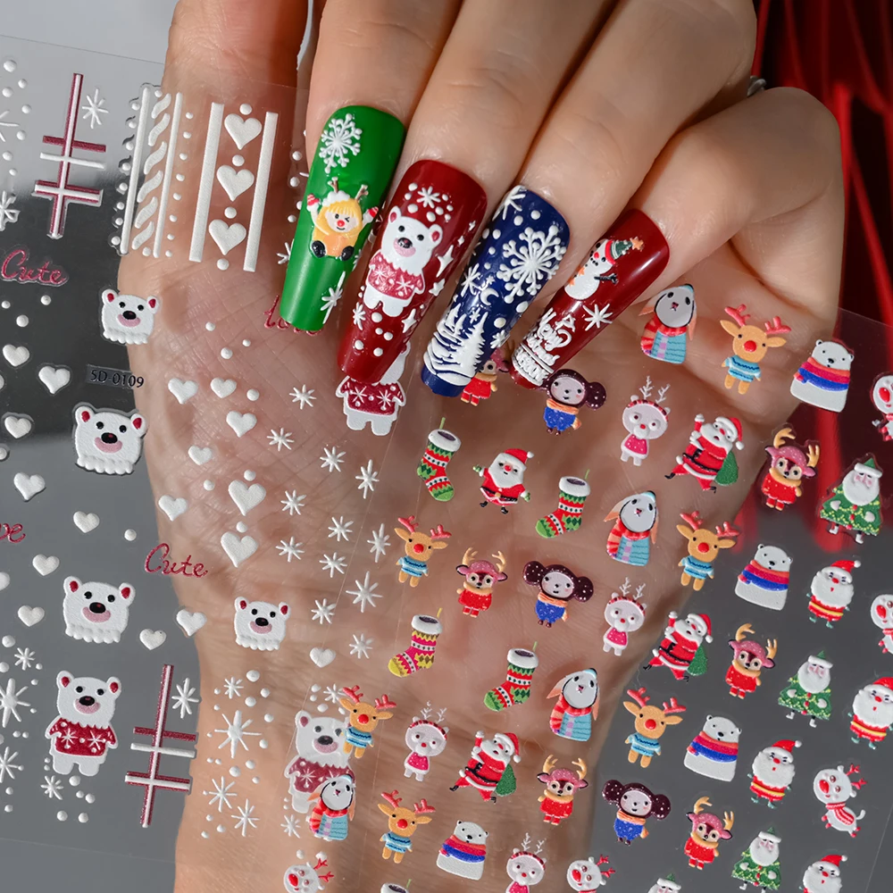 1pc 5D Embossed Santa Claus Elk Nail Art Stickers Christmas Cartoon Bear Snowman Tree Sliders New Year Xmas Manicure Decals