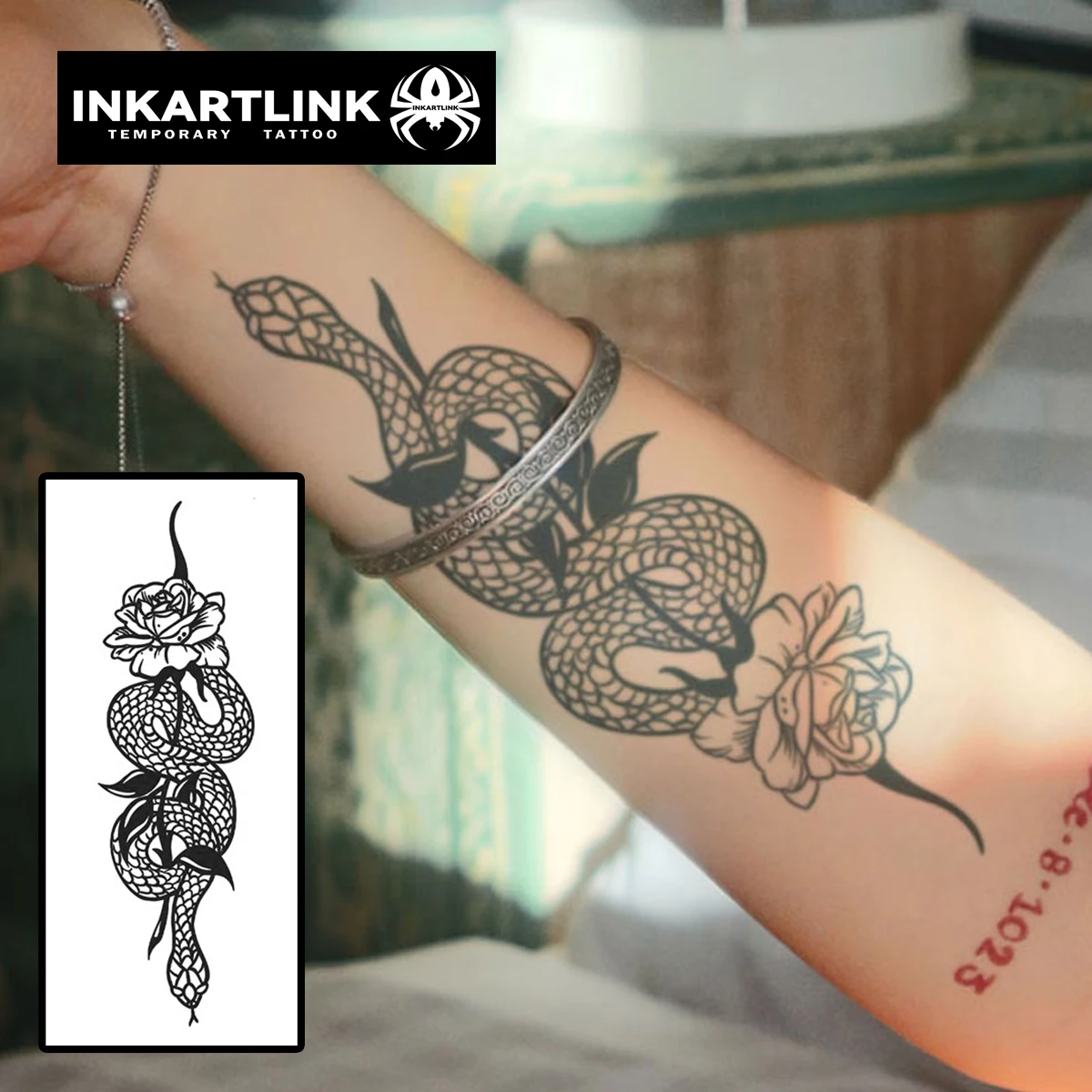 Snake and Rose Temporary Tattoo,Lasts To 15 Days New Technology Magic Waterproof Semi Permanent Sticker.