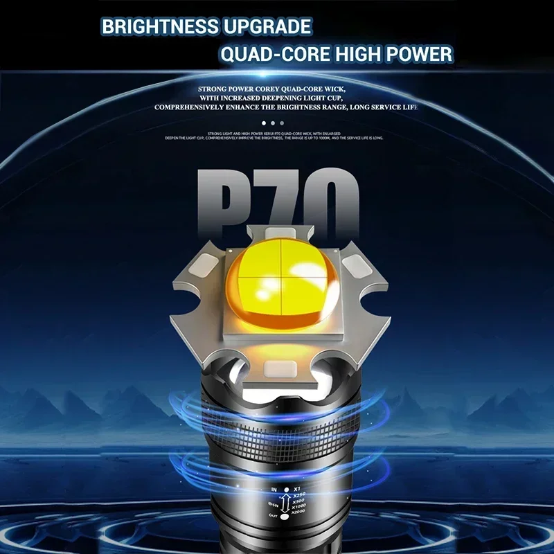 Powerful P50/P70 Led Flashlights Outdoor Ultra Bright Tactical Light Emergency Spotlights Telescopic Zoom Light Built-in Battery