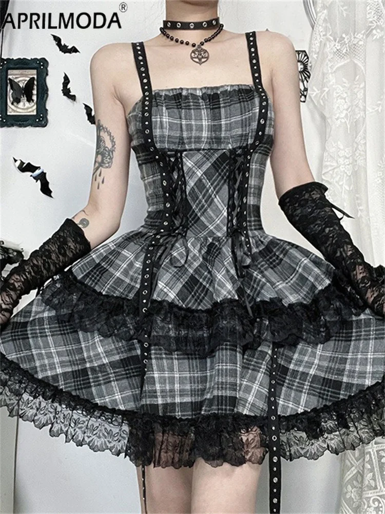 

Subculture Black Grey Gothic Lolita Plaid Print Dress Women Vintage Harajuku Streetwear Lace Patchwork High Waist Bandage Dress