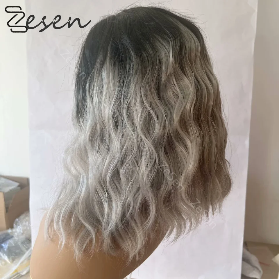 

Synthetic Lace Front Wigs Silver Short Wave Wig for Women Ombre Gray Color Synthetic Lace Wig Cosplay Short Lace Wig Daily Wear