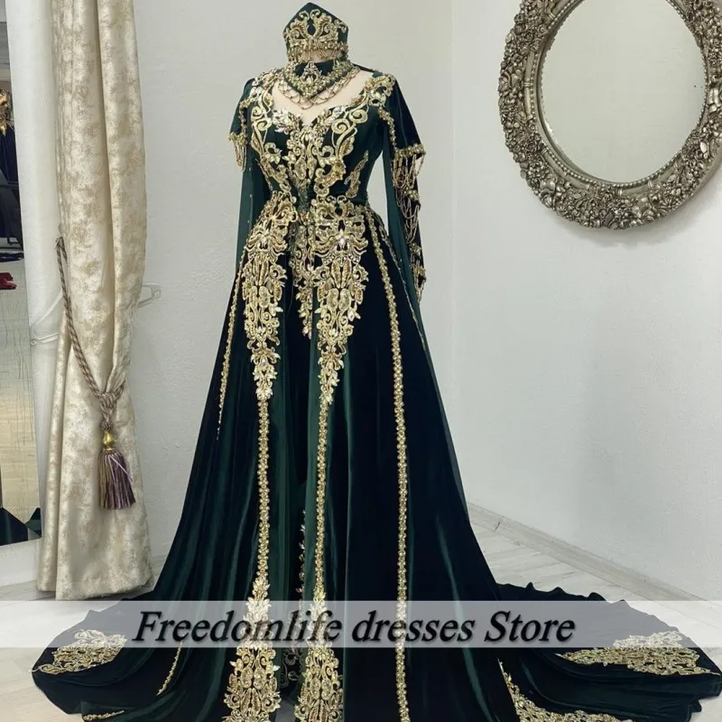 Green Moroccan Kaftan A Line Evening Dresses Woman Elegant Velvet Lace Applique Customized Wedding Party Gowns vestido de gala