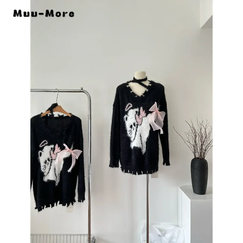 2023 Winter Hotsweet Casual V-neck Knitting Long Sleeve Gyaru Pullovers Women Gyaru Bow Ripped Sheath Ladies Sexy Sweater