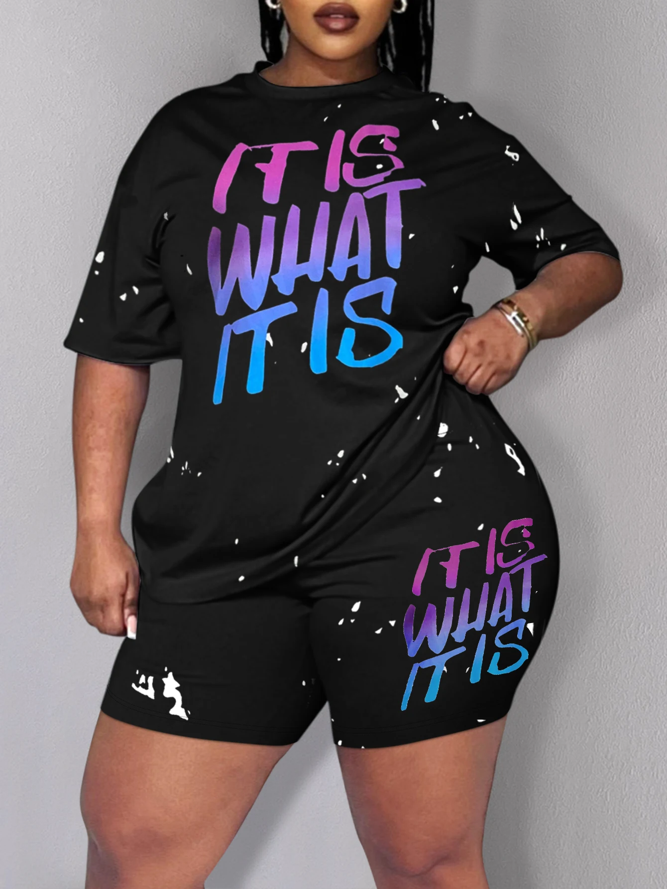 

LW Plus Size shorts sets Gradient Print Shorts Set summer short sleeve T-shirt + skinny shorts sets casual sport Two pieces sets