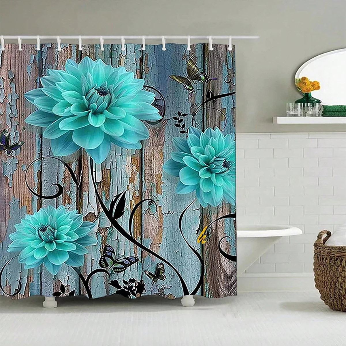 1 pc blue rose patterned polyester material shower curtain waterproof fabric, thickened anti mold partition curtain, bathroo