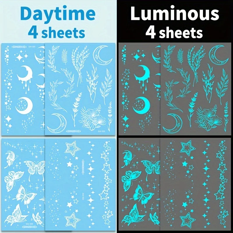 4 sheets of glow-in-the-dark blue glow temporary tattoo stickers - moon, stars, butterflies, bracelet necklace tattoos for face