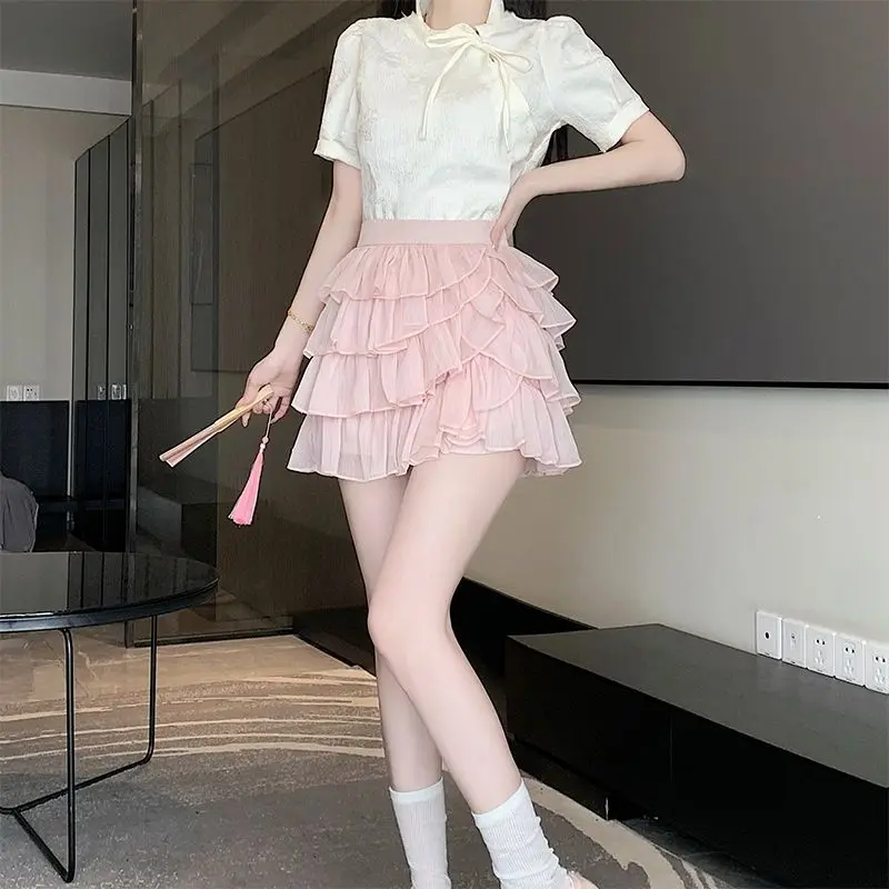 2024 New Summer Super Sweet Fashion Freshness Irregular Flanged Lace Gauze Skirt High Waist Slimming The Pompadour Cake Dress