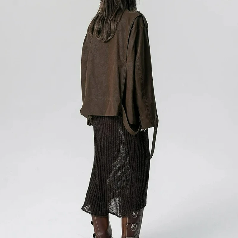 Spring Autumn Cool Handsome Oversized Distressed Brown Soft Pu Leather Biker Moto Jacket Women Luxury Designer Clothes