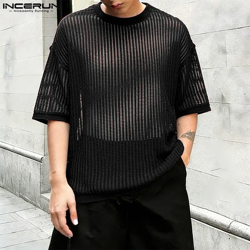 INCERUN Men T Shirt Knitted Hollow Out See Through Solid Color Tee Tops For Man Streetwear Loose Short Sleeve Stylish Camisetas