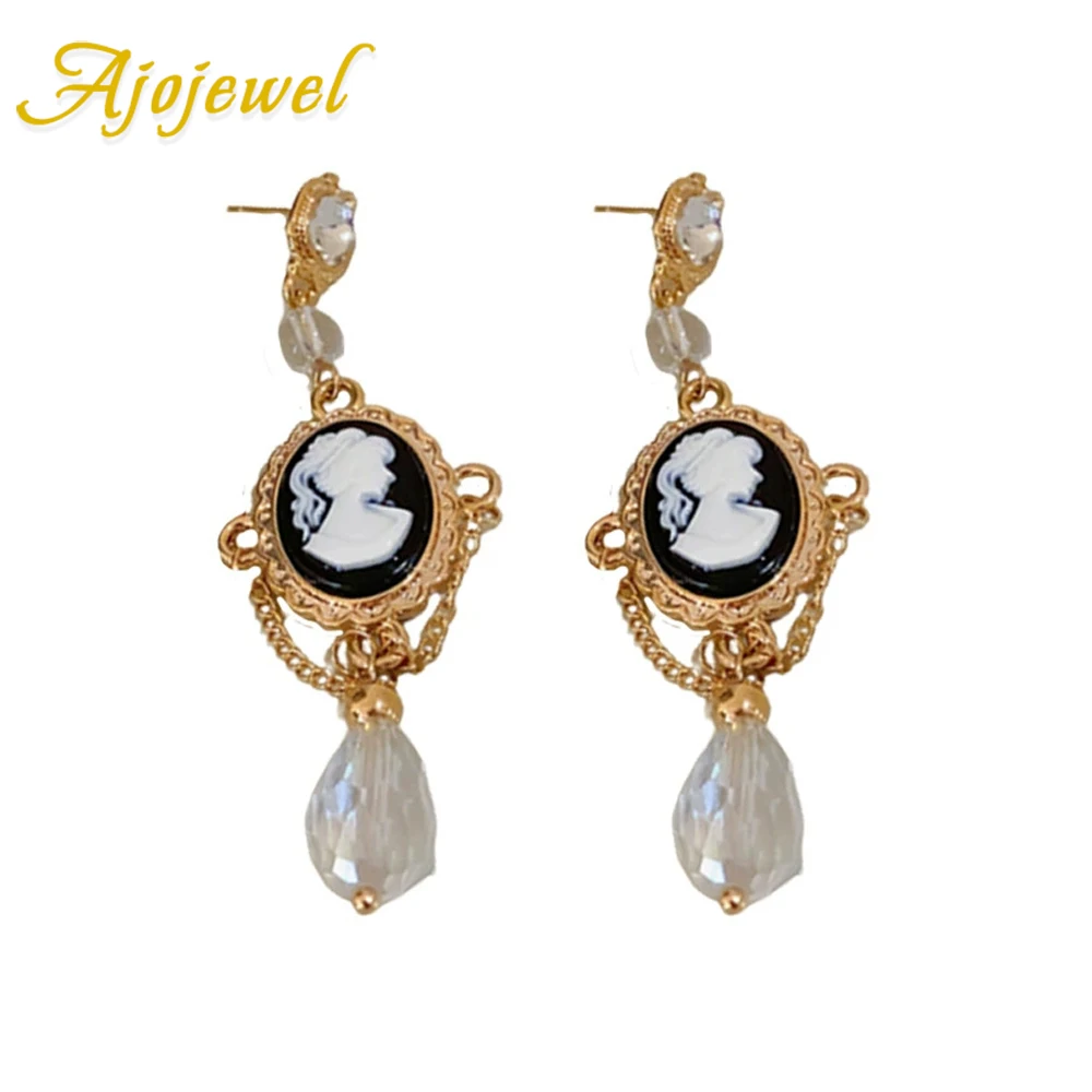 

Ajojewel Black Cameo Earrings Vintage Long White Crystal Eardrops Retro Court Style Jewelry Drop Shipping
