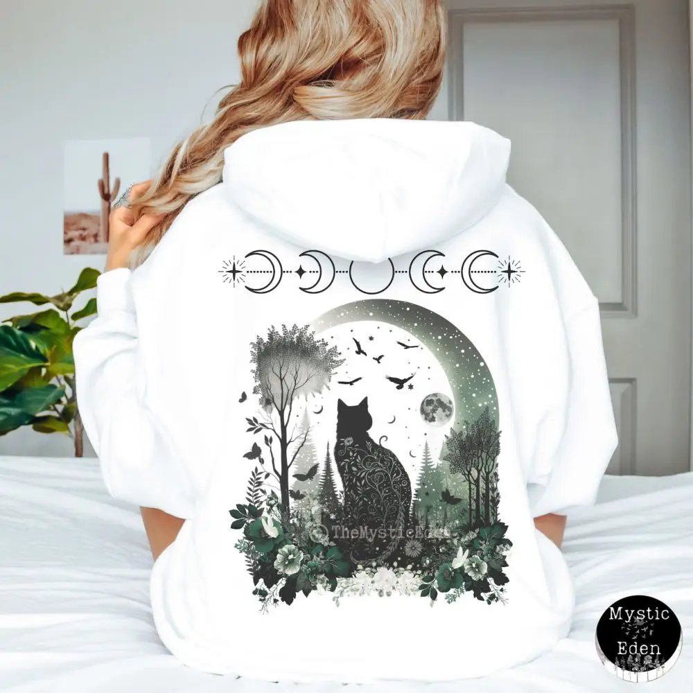 Schwarze Katze Whimsigoth Halloween Katze Hoodie Hexe Hoody Top Damen Vintage Dark Academic Tops Fleece Casual Basic Sweatshirts