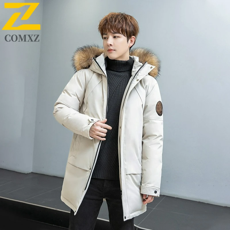 COMXZ Men Puffer Jacket Luxury Mao Collar Hooded Outdoor Office Thickened Parka Casual Travel Windproof Winter Long Puffer Coat