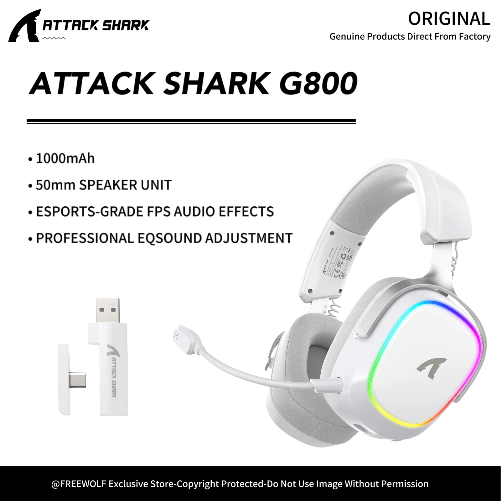 

Игровая гарнитура Attack Shark G800 2.4G с беспроводной связью, алюминиевым корпусом, съемными микрофонами, 3D-звуком и RGB-подсветкой
