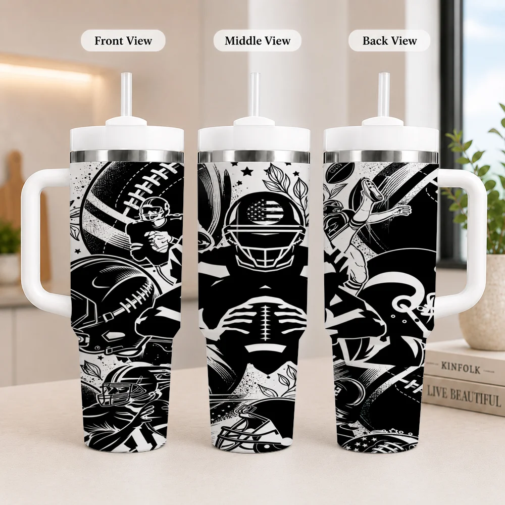 Football Player Vacuum Flasks 40oz Leakproof Steel Tumbler w/ Lid Straw Handle Hot Cold Drinks