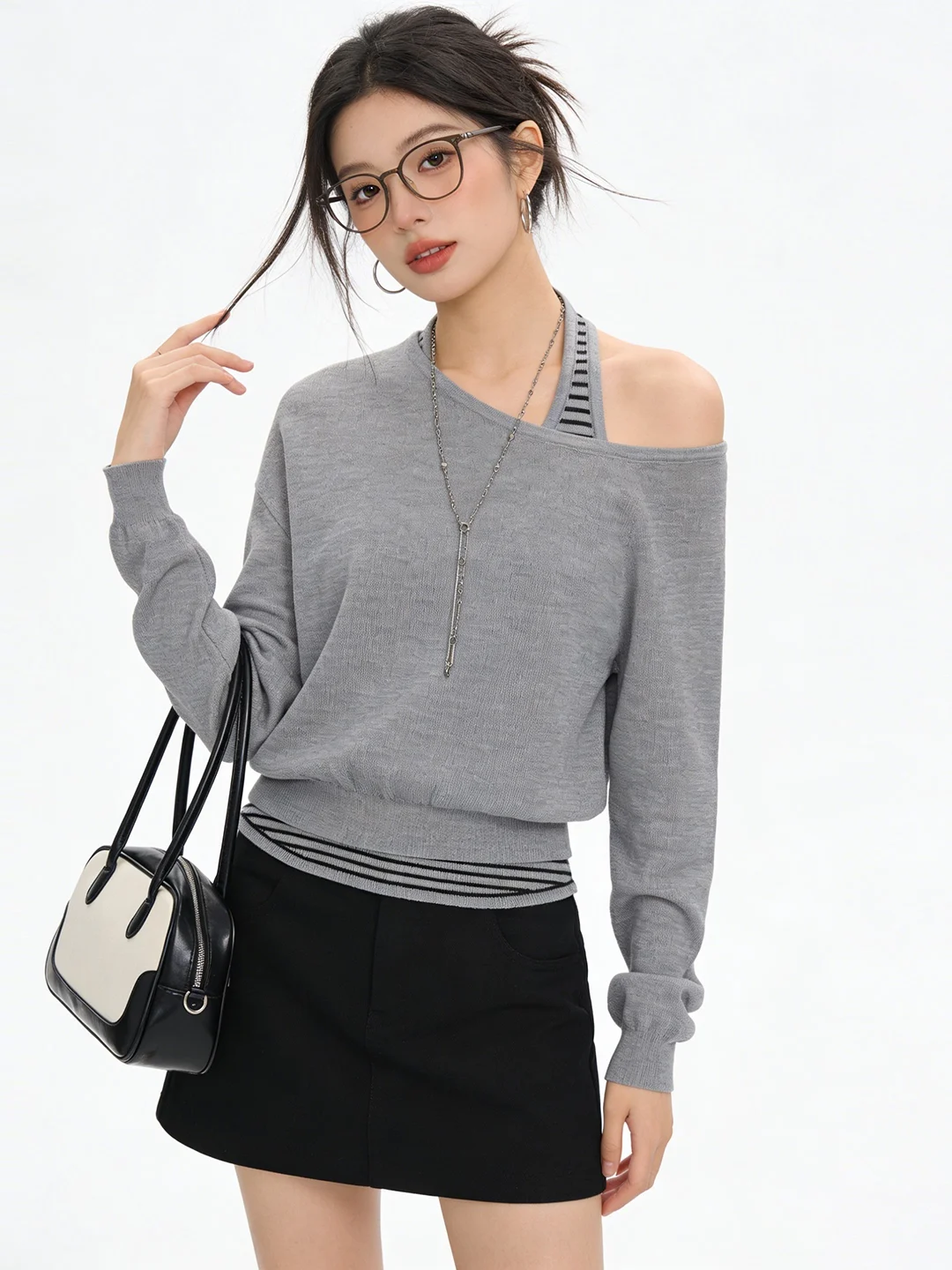 

Early Spring Women's Knitted Top Set ort Waist-Cinching Neline Striped Vest oulder-Baring Slant Collar Breathable Faion