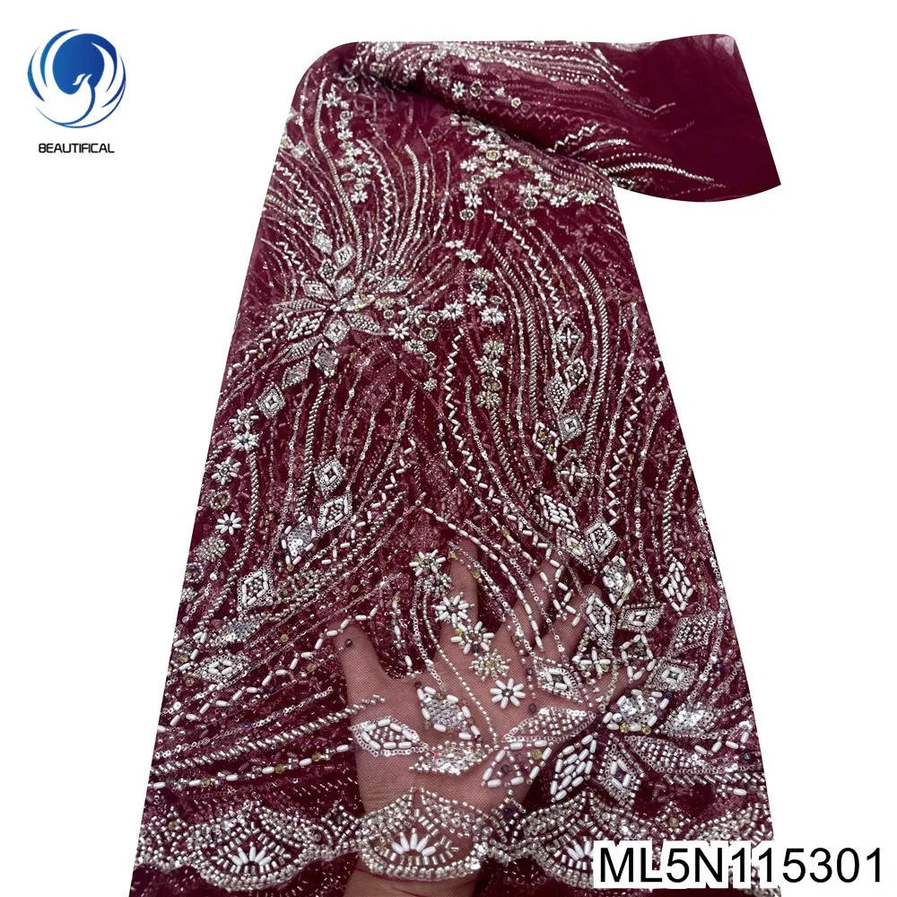 

Advanced Sense Wine Red Cloth Latest Design, French Silver Sequin Bead Lace , Fashion Tulle Net Fabric Evening Dress ,ML5N1153